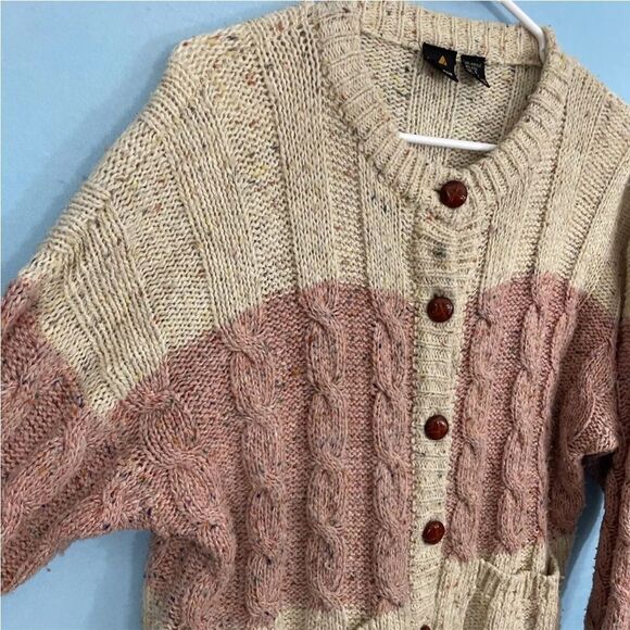 Vintage 90s LIZ CLAIBORNE Cardigan Women Cable Chunky Knit Wool Sweater Cream S - Picture 9 of 16